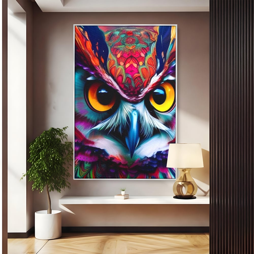 Tablou canvas cu portret digital de bufnita colorata, in rama de aluminiu argintiu